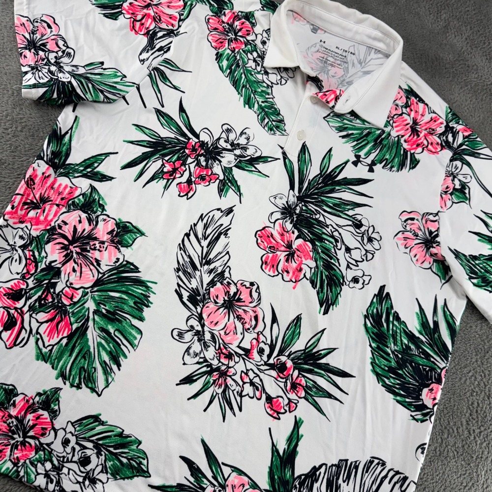 Under Armour Playoff Polo Mens XL White‎ Pink Floral Tropical Golf Shirt EUC